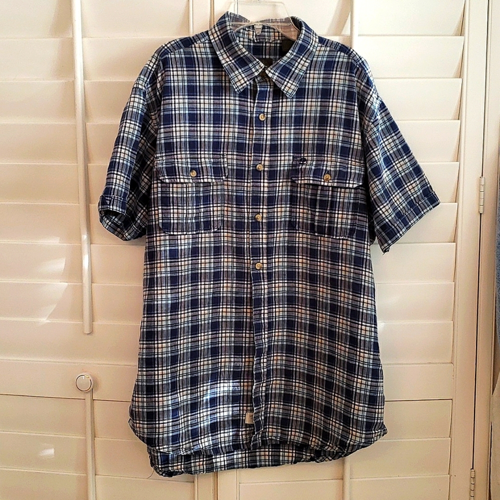 Timberland Blue and White Plaid Linen Blend Shirt Size Large